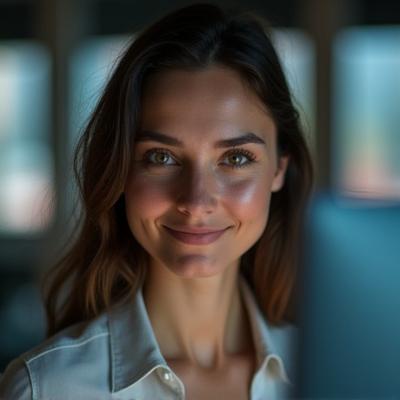 Porträt der leitenden Animatorin und Datenvisualisiererin in einem modernen Büro.