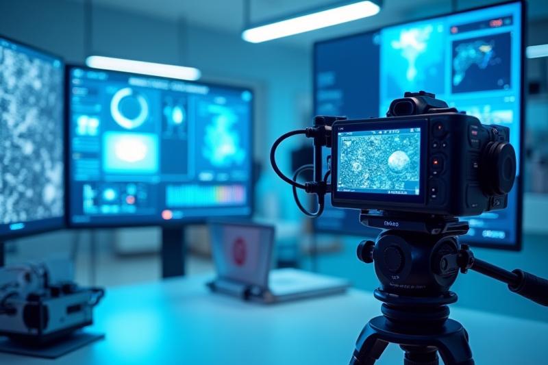 Professionelles Studio-Setup mit Kameras und Monitoren, das meteorologische Daten visualisiert.